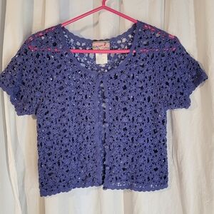 April Cornell Periwinkle Blue Crochet Cropped Short Sleeve Sweater